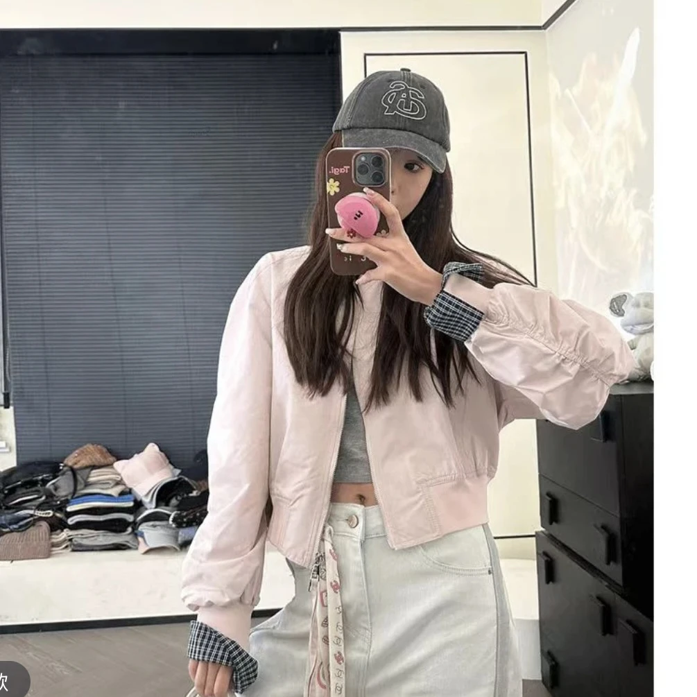 【香香严选】“运动女孩”棒球服设计感拼接格子袖百搭棒球服XX170