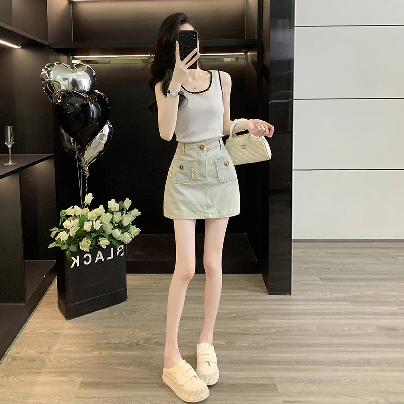 夏季穿搭一整套女装显瘦气质无袖针织背心白色牛仔半身裙两件套