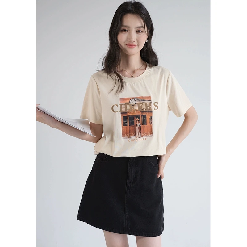 【chic正肩印花短袖T恤】蓝若水大码夏装新款遮肚子休闲上衣86990