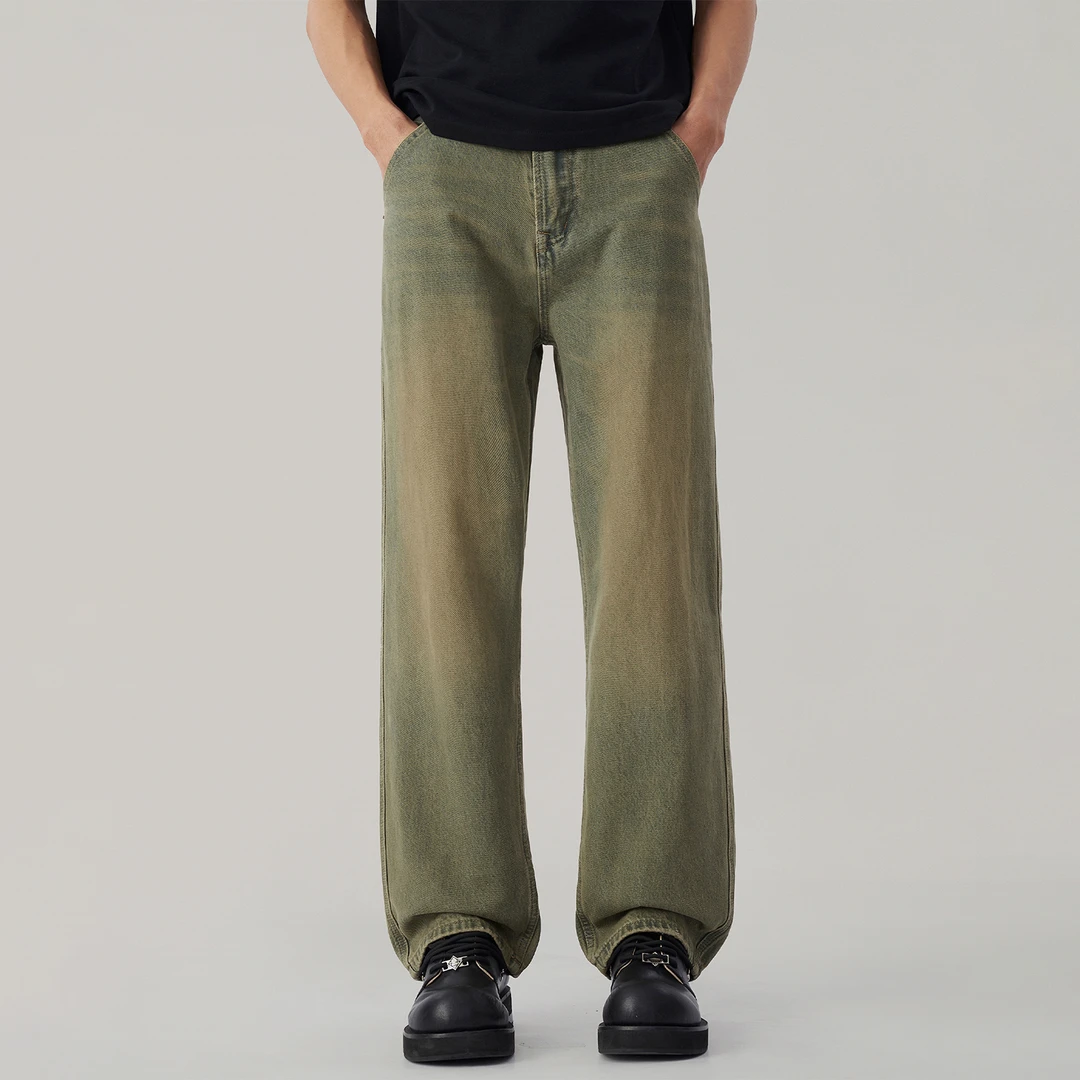 美式高街春季水洗复古牛仔裤男生潮牌做旧宽松直筒阔腿休闲长裤子