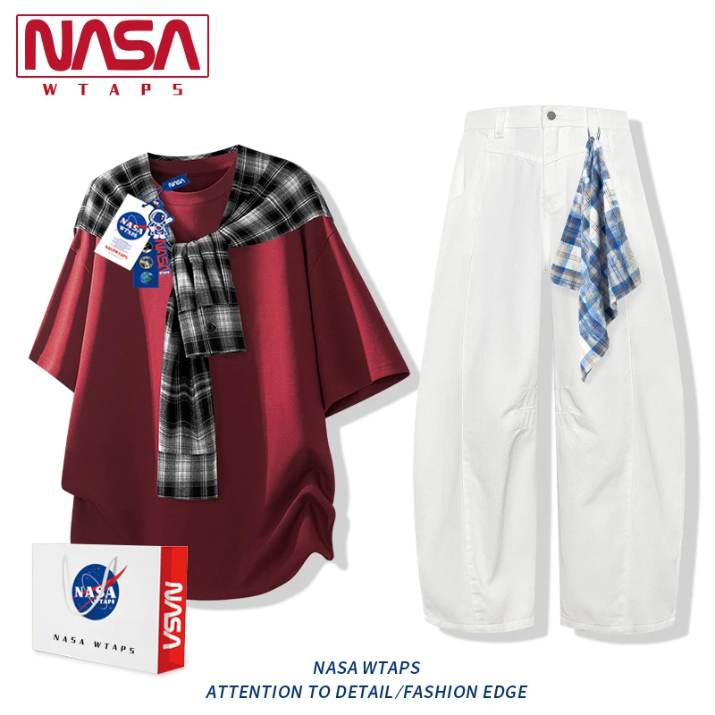 NASA WTAPS美式复古格子披肩短袖套装男款夏季短袖痞帅男装一整套