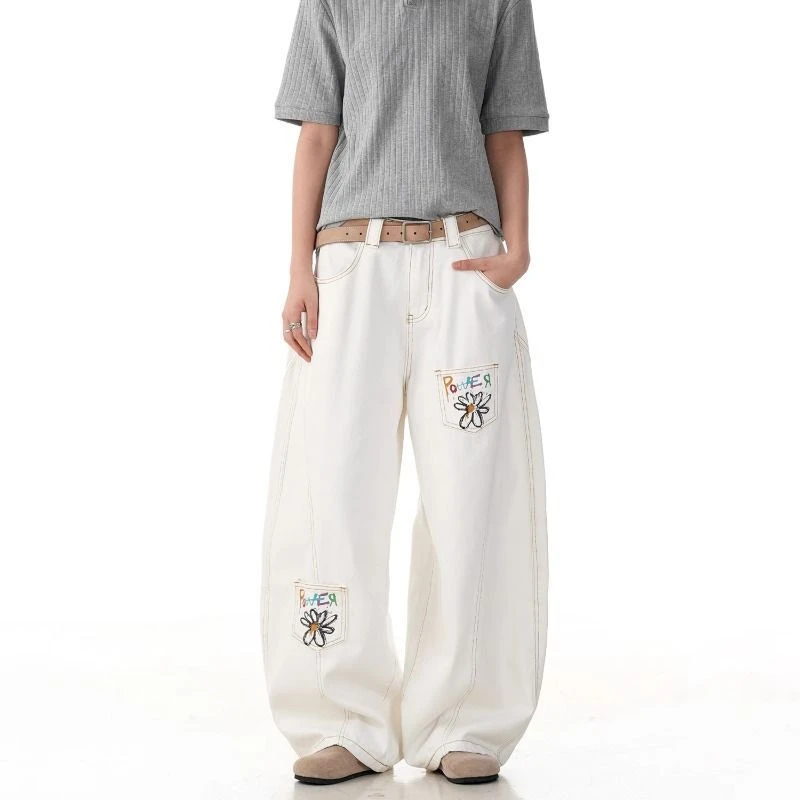 美式复古彩绘小雏菊弯刀牛仔裤女新款宽松阔腿情侣休闲拖地香蕉裤