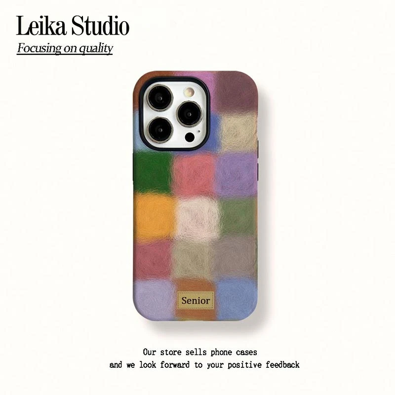 毛绒格子菲林二合一适用苹果16promax手机壳华为荣耀OPPOvivo小米