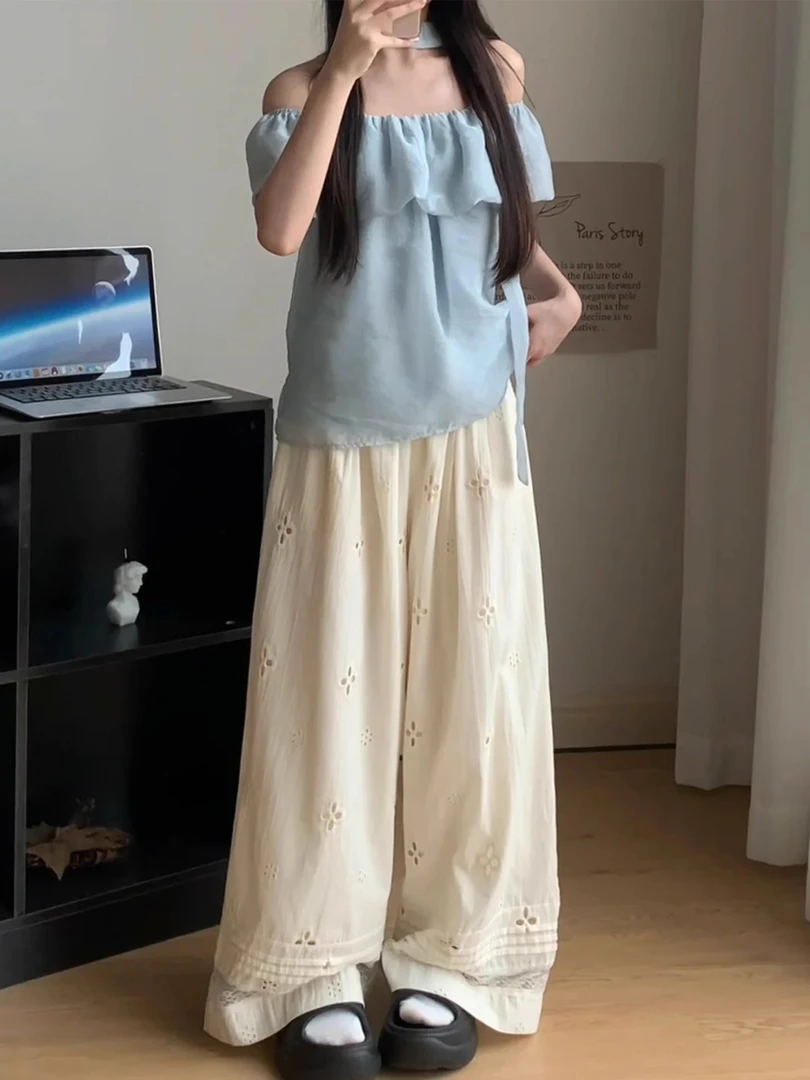 米白色棉麻阔腿裤女夏季薄款胖妹妹mm宽松显瘦拼接蕾丝镂空休闲裤