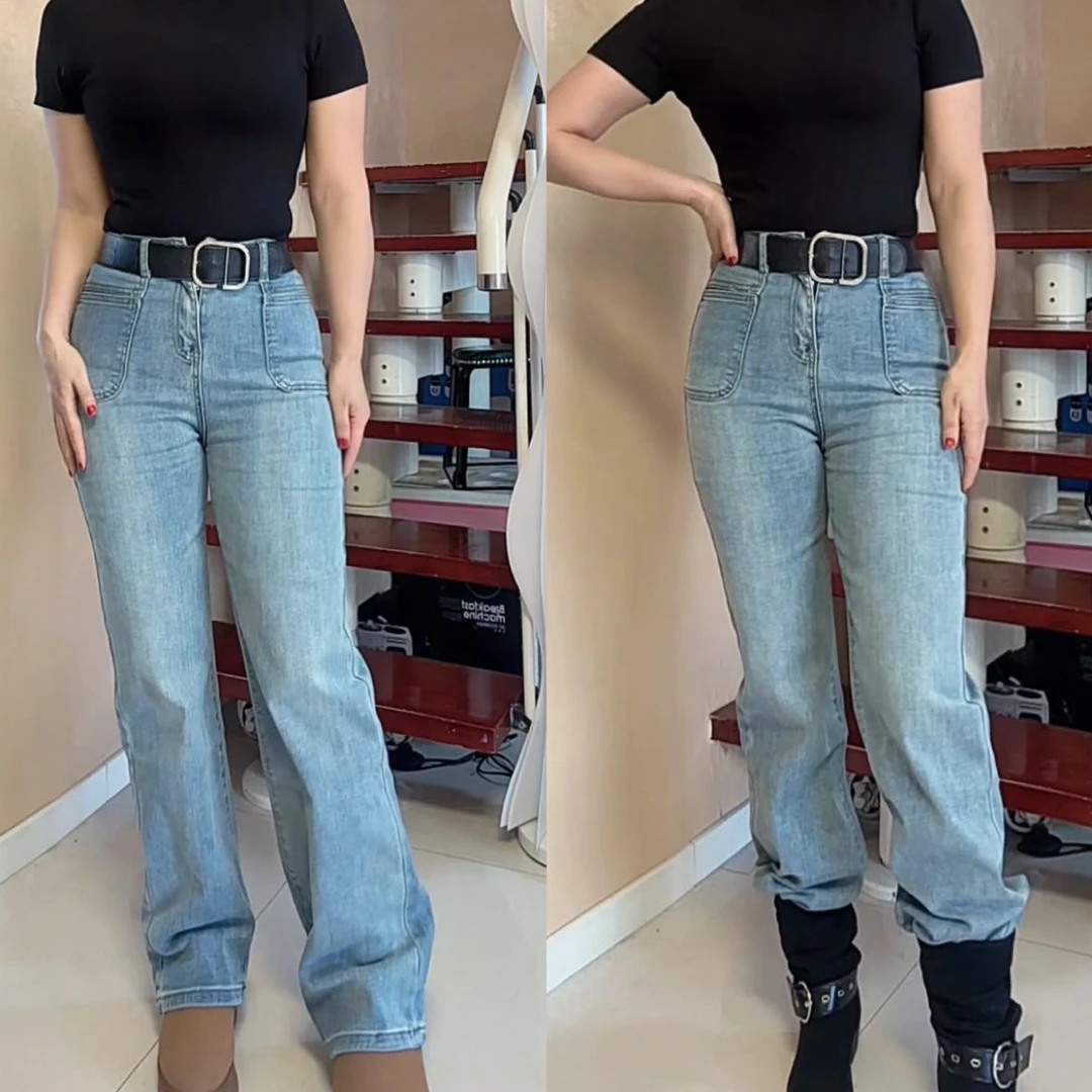 816-6新款高腰窄版阔腿直筒牛仔裤女春秋季小个子时尚潮流包邮