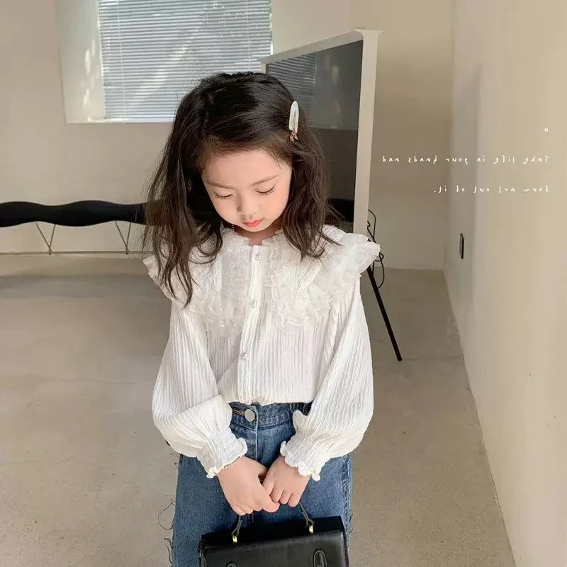 【贝妈福利7004】2025秋季新款女童蕾丝花边衬衫翻领长袖打底衬衣