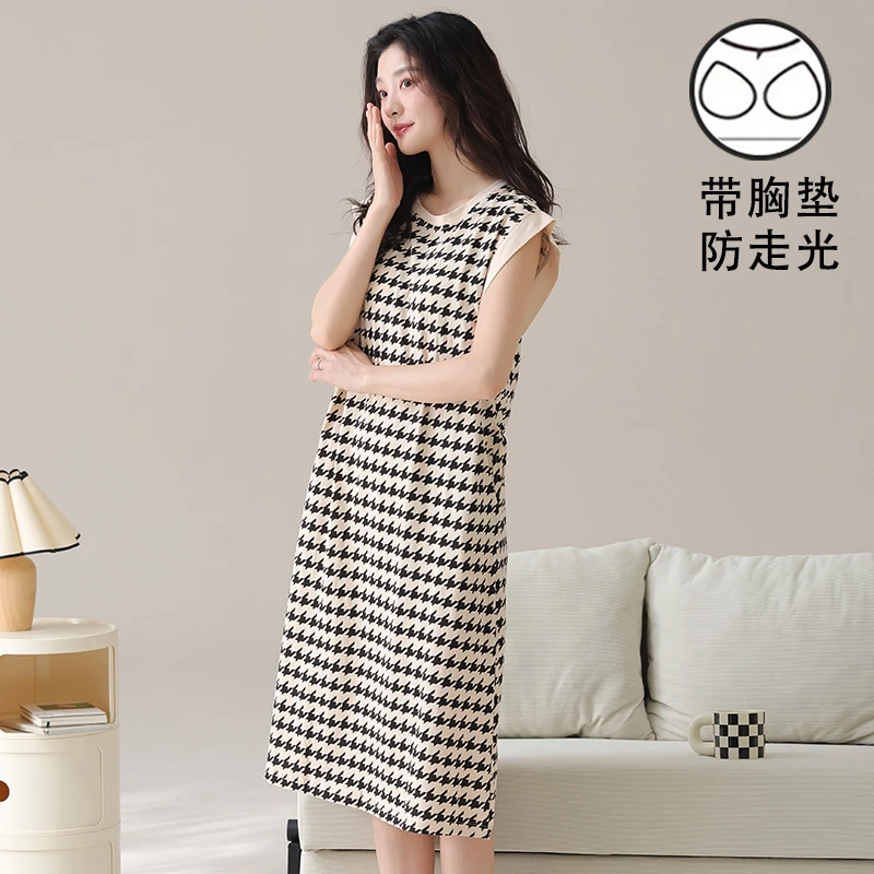 时尚条纹女士睡衣夏季清凉休闲坎肩睡裙柔软带胸垫居家可外出大码