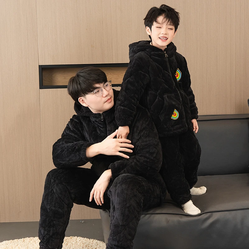 冬季男孩宝宝童装家居服套装男亲子保暖家居服外穿秋冬季加绒加厚