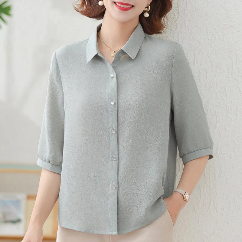 皮尔卡丹时尚妈妈夏装2025新款中袖衬衫衣服中老年女夏季薄款翻领