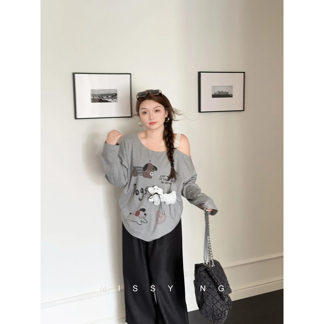 应小姐【狗狗派】微胖大码秋季休闲显瘦宽松百搭立体小狗露肩卫衣