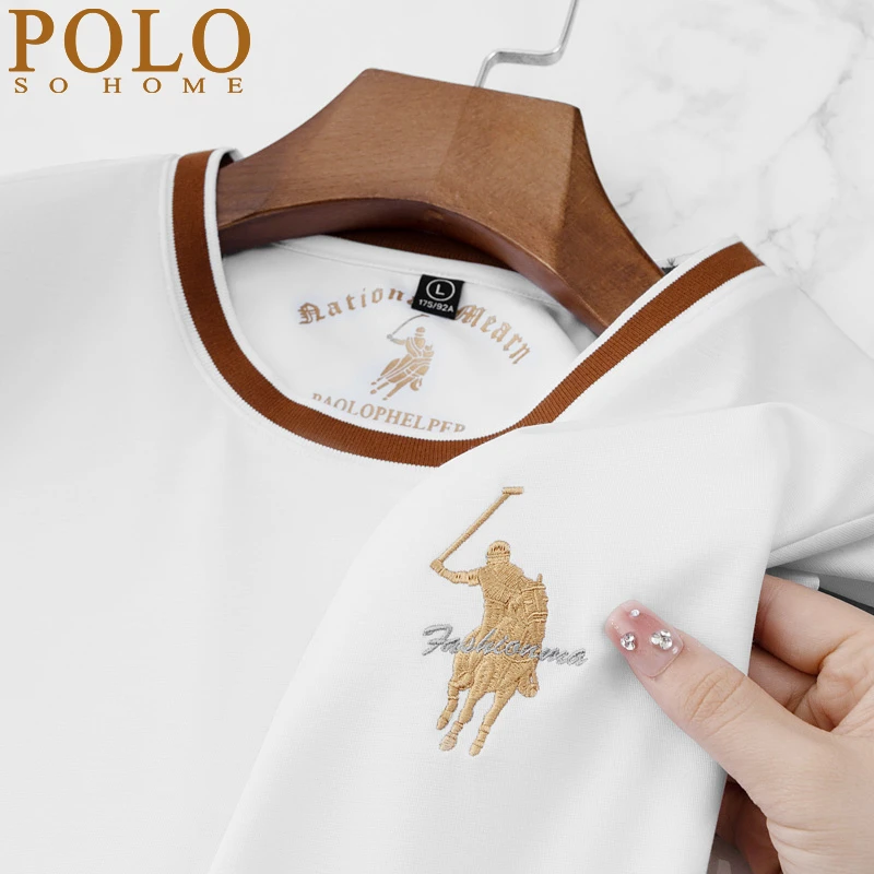 保罗短袖t恤男士夏季冰丝刺绣大马标新款休闲时尚百搭圆领上衣潮T