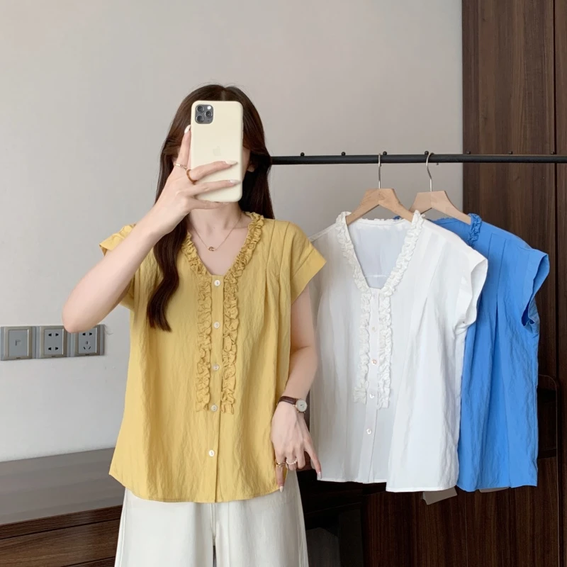 大码女装2025夏季新款单排多扣衬衫设计感极简风短袖上衣2093