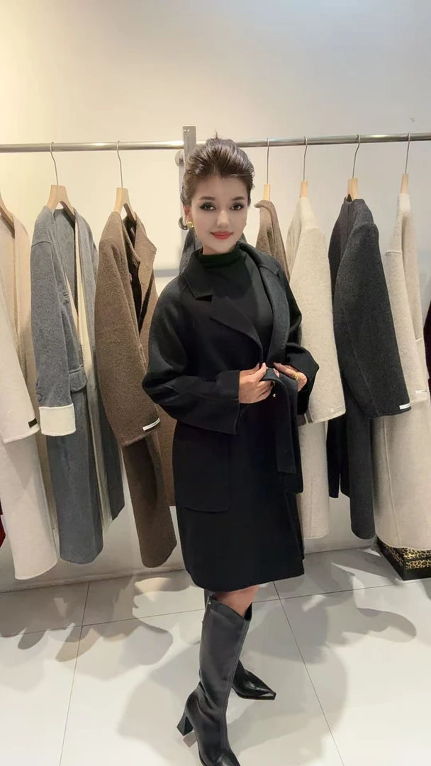 （15）女法式落肩袖植绒中长款毛呢外套时尚双面呢秋冬呢子