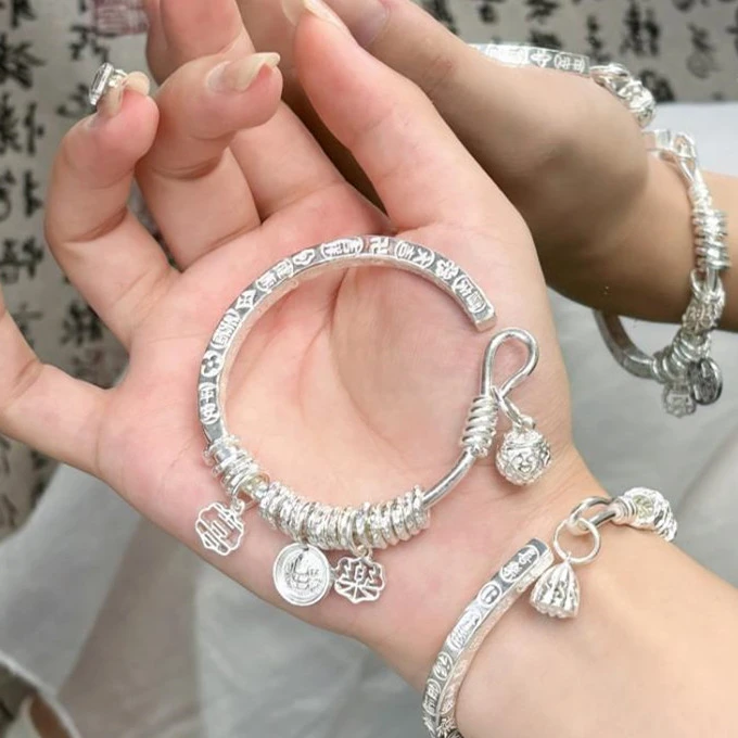 足银手镯 9999银手镯女实心银镯子年轻款筷子镯吉言万贯盘缠礼物