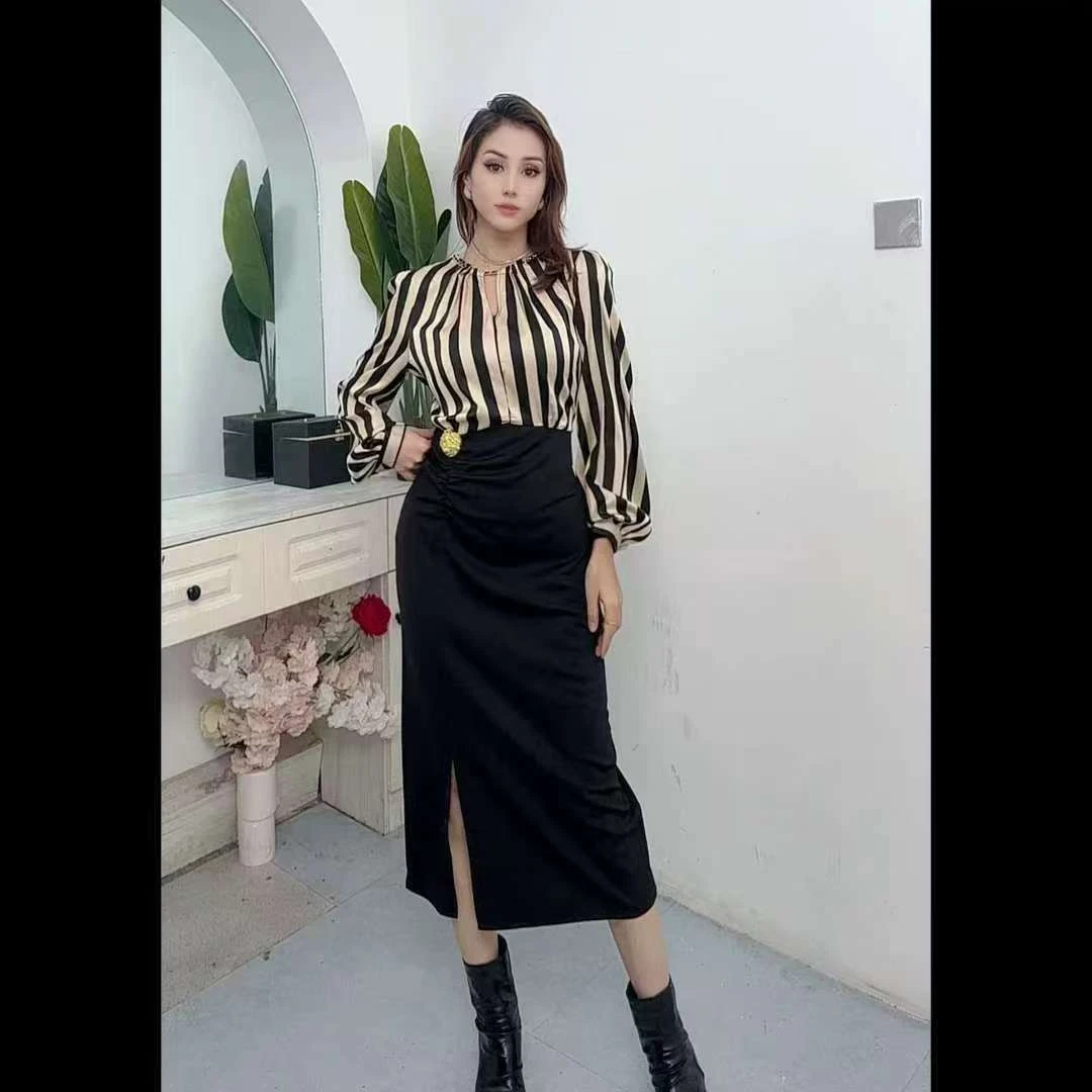 8171【丽亚】新款时尚条纹拼接法式连衣裙