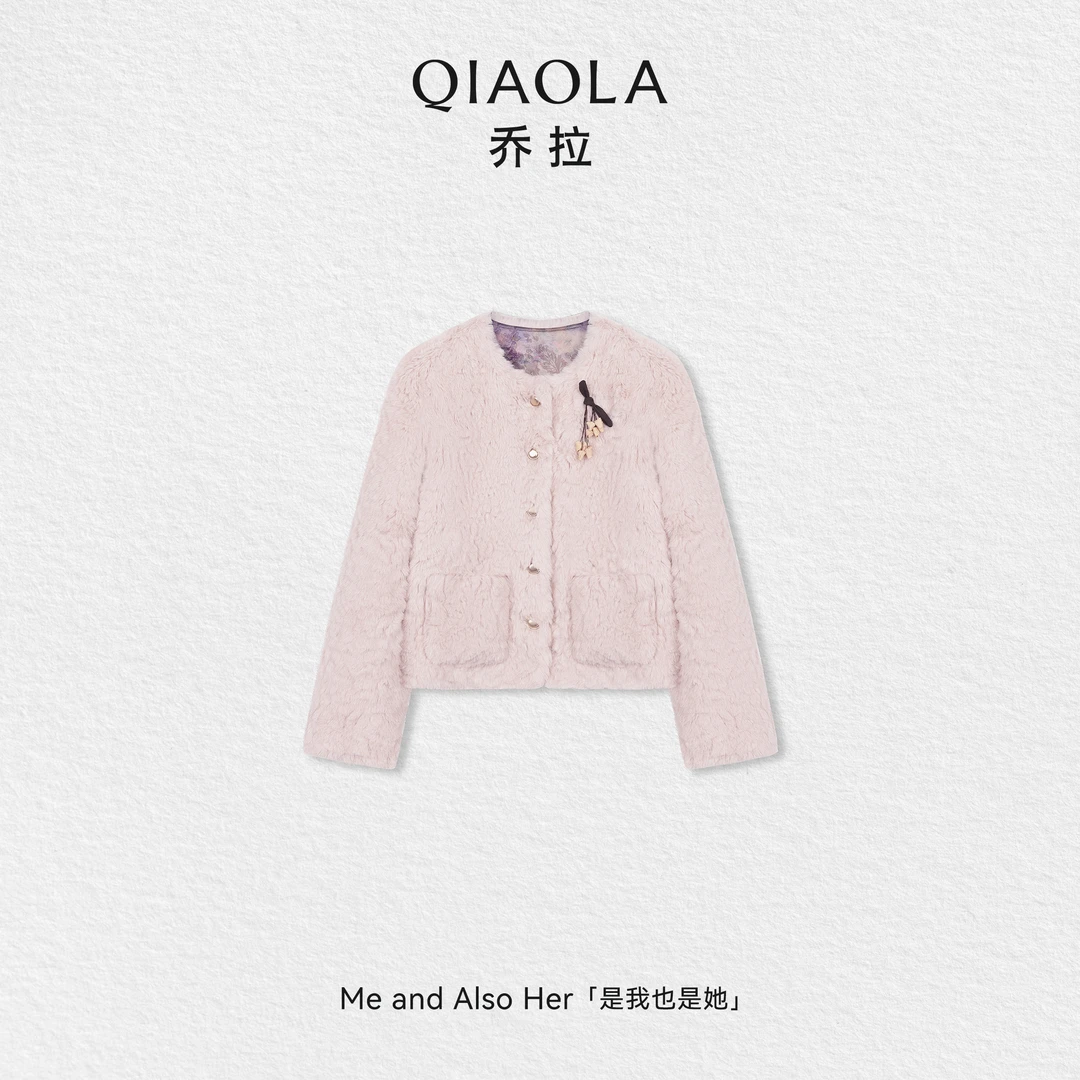 QIAOLA/乔拉【左岸香颂】秋冬仿兔毛提花梭织圆领设计时尚短款外套