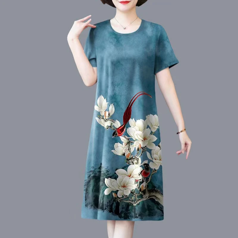 气质新中式冰丝妈妈连衣裙宽松大码女印花显瘦洋气夏季中长裙