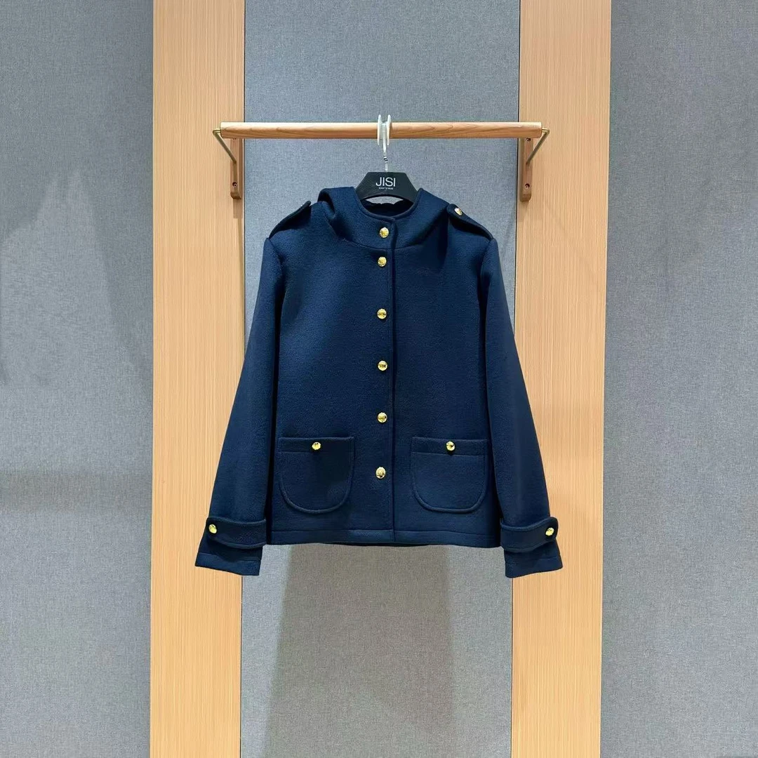 JISI 藏蓝色小金扣连帽宽松外套-WT25829A
