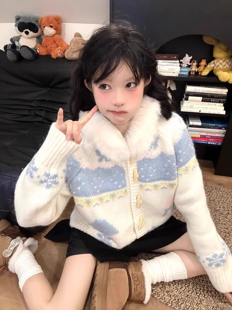 韩系甜美风费尔岛提花连帽针织开衫秋季新款百搭宽松休闲针织衫