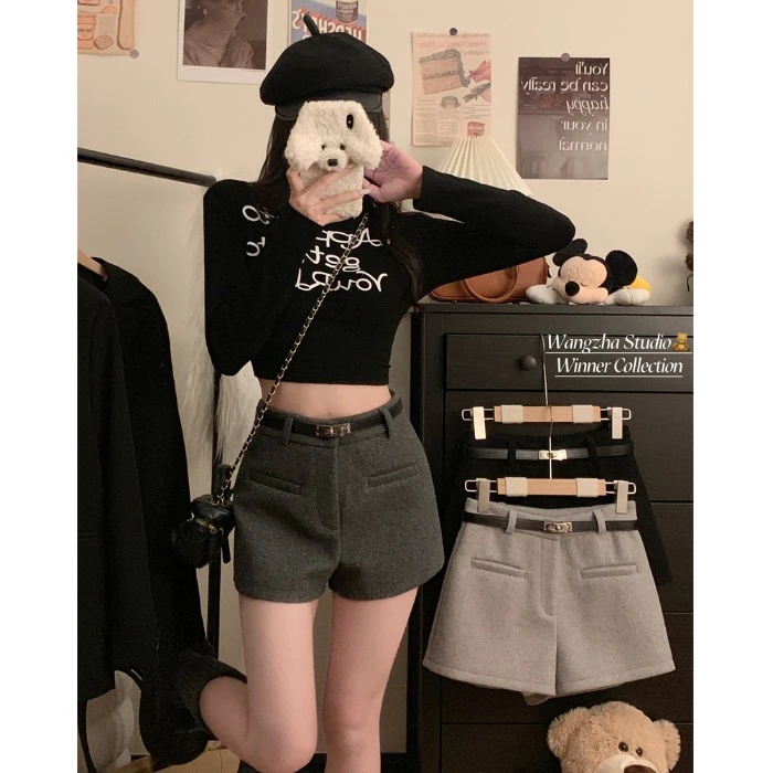深灰色毛呢休闲短裤女冬季百搭高腰靴裤辣妹显瘦直筒裤子a字热裤