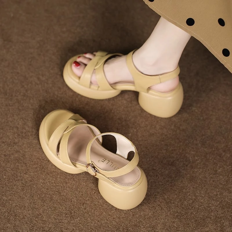 踩屎感~·粗跟高跟鞋女2025新款夏季舒适一字带防水台厚底罗马凉鞋