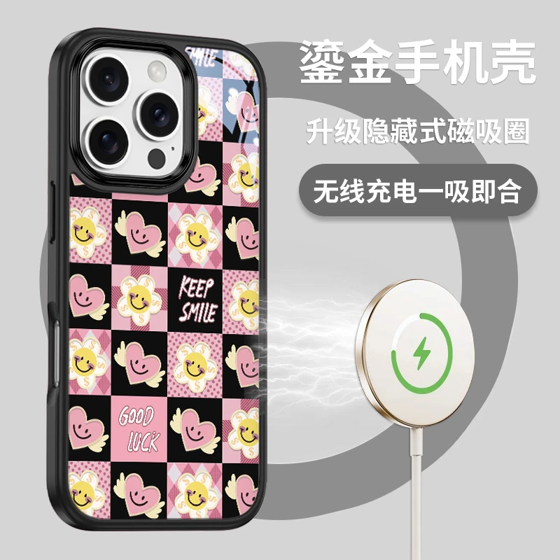 适用苹果17promax甜心笑脸格手机壳16promax鎏金壳磁吸iPhone17女