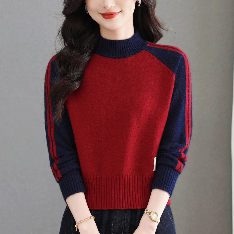 秋装大码洋气拼色短款针织衫女宽松显瘦百搭秋冬半高领毛衣打底衫