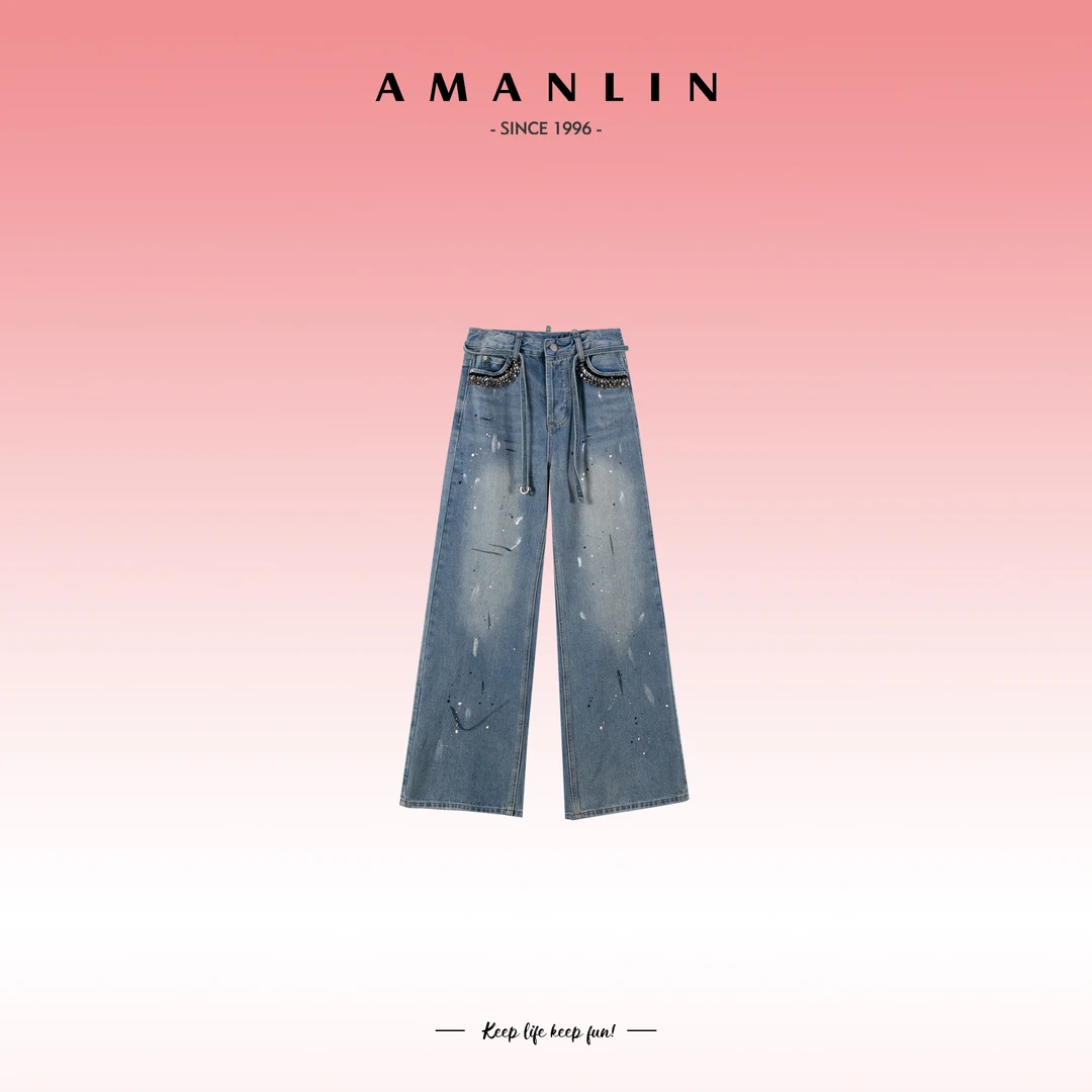 AMANLIN/阿謾琳时尚高腰百搭直筒复古显瘦欧若风牛仔裤Y595666