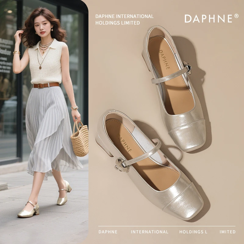 达芙妮法式小香风拼接方头玛丽珍鞋女款秋季爆款一字带魔术贴单鞋