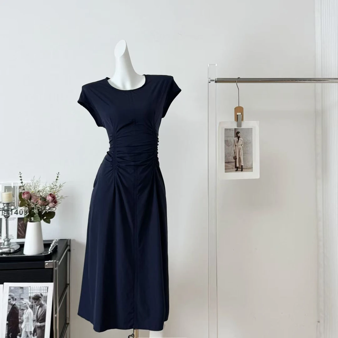 时尚抽褶连衣裙夏季新款气质设计感收腰显瘦裙子女设计师优雅