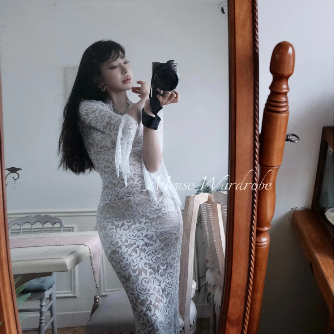《美神降临》气质蕾丝花纹透视修身御姐镂空性感连衣裙包臀裙女