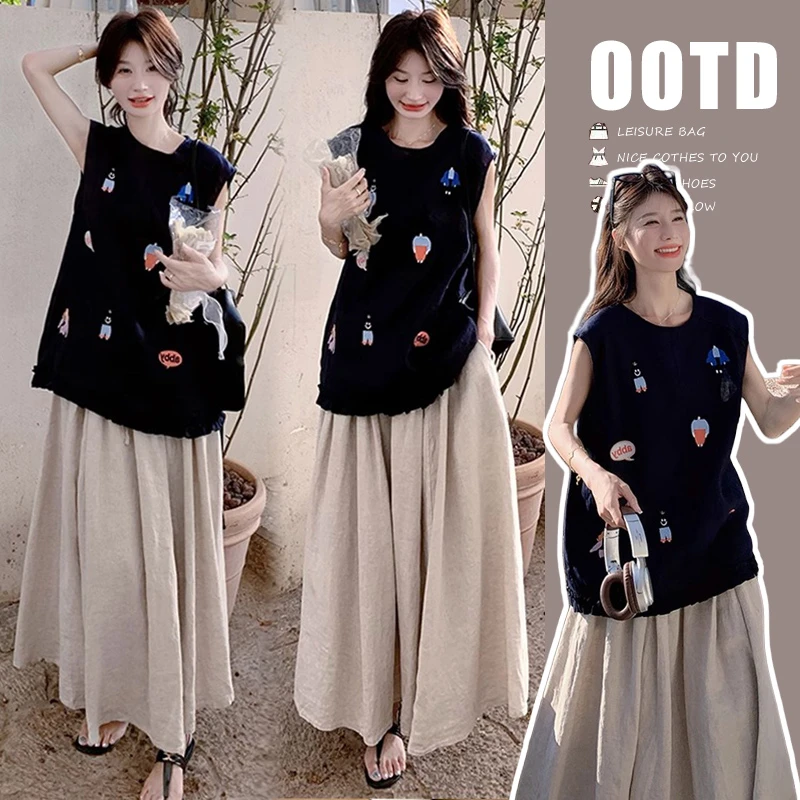 2025夏季新款韩系穿搭 休闲刺绣背心搭慵懒宽松半身裙孕妇两件套