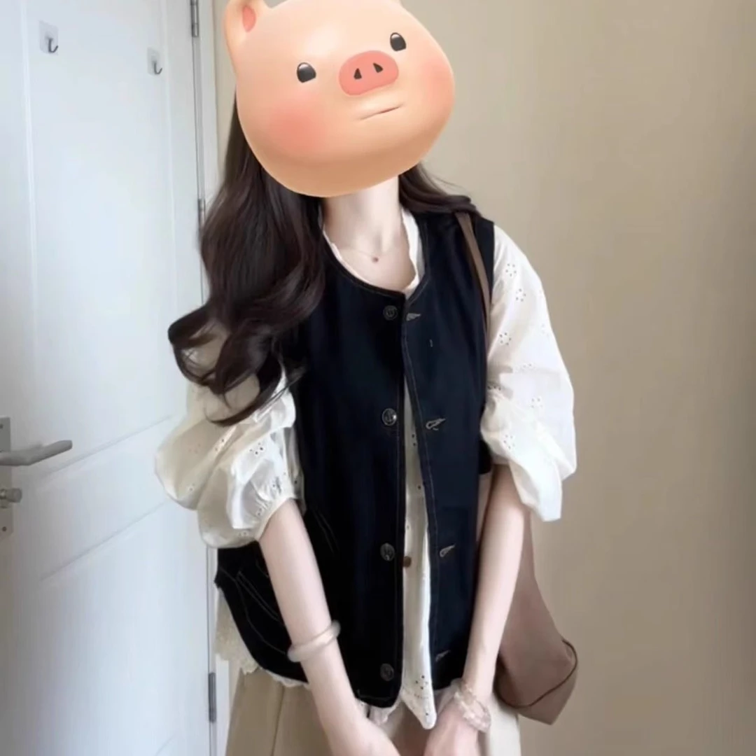 早秋装搭配一整套韩系小个子复古蓝色牛仔马甲叠穿衬衫裙子三件套