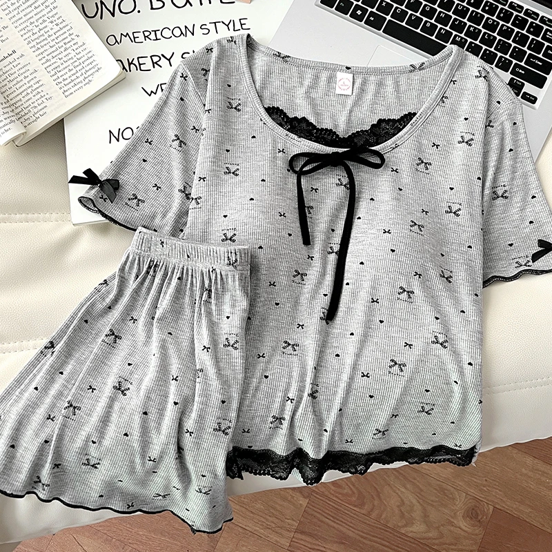 莫代尔夏季蝴蝶短袖睡衣休闲家居服套装韩版宽松上衣睡裙时尚薄款