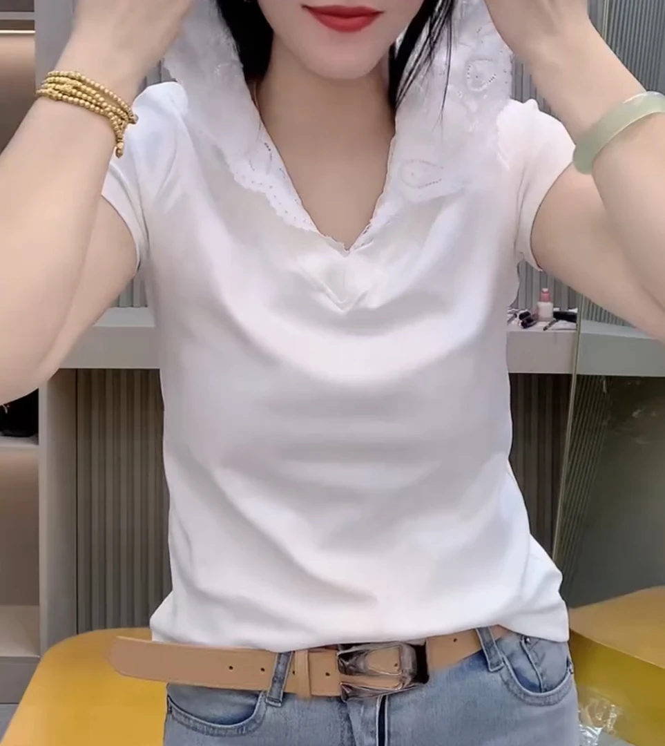 韩版减龄蕾丝帽短袖小衫【实物微色差】