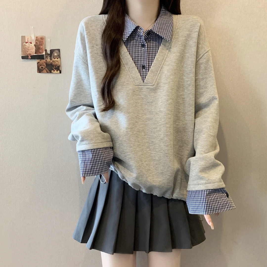 大码女装遮肚子假两件格子拼接小众卫衣女春秋胖妹妹宽松长袖上衣