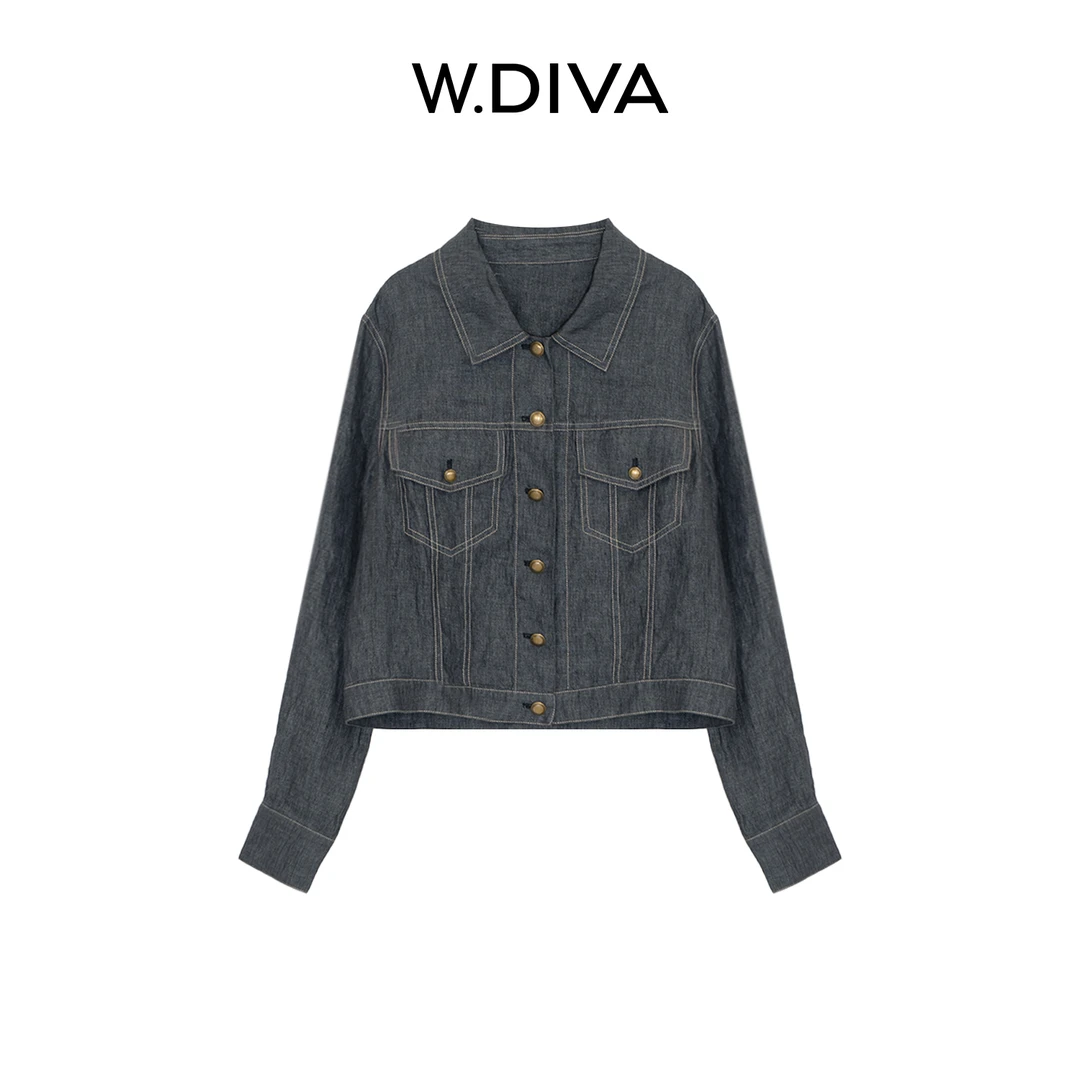 W.Diva【简宙】天然亚麻显瘦松弛感翻领短款牛仔外套休闲53C062269