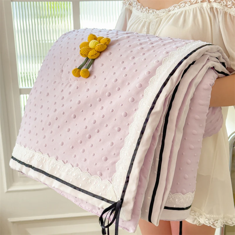 新款A类韩版针织泡泡纱花边夏被夏凉被蝴蝶结纯色薄被子纯色夏季