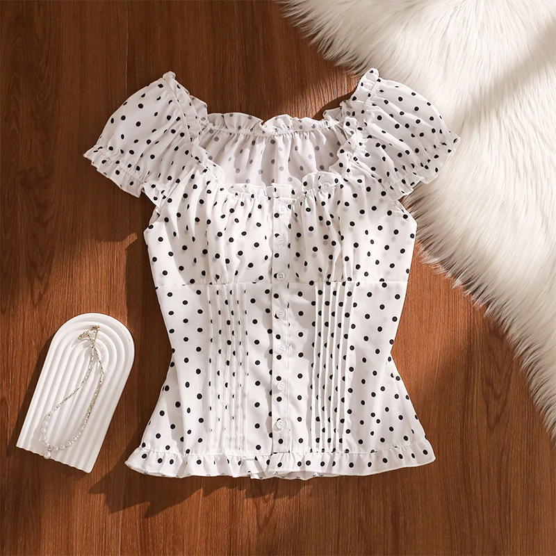 韩系波点吊带背心女夏外穿设计感小众性感修身收腰褶皱泡泡袖上衣