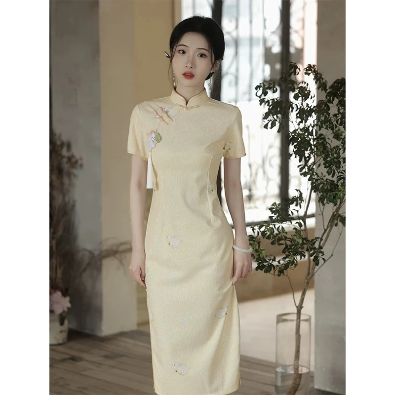 V-2928 奶兔 复合蕾丝 国风 新中式 夏款年轻款改良旗袍115cm长款