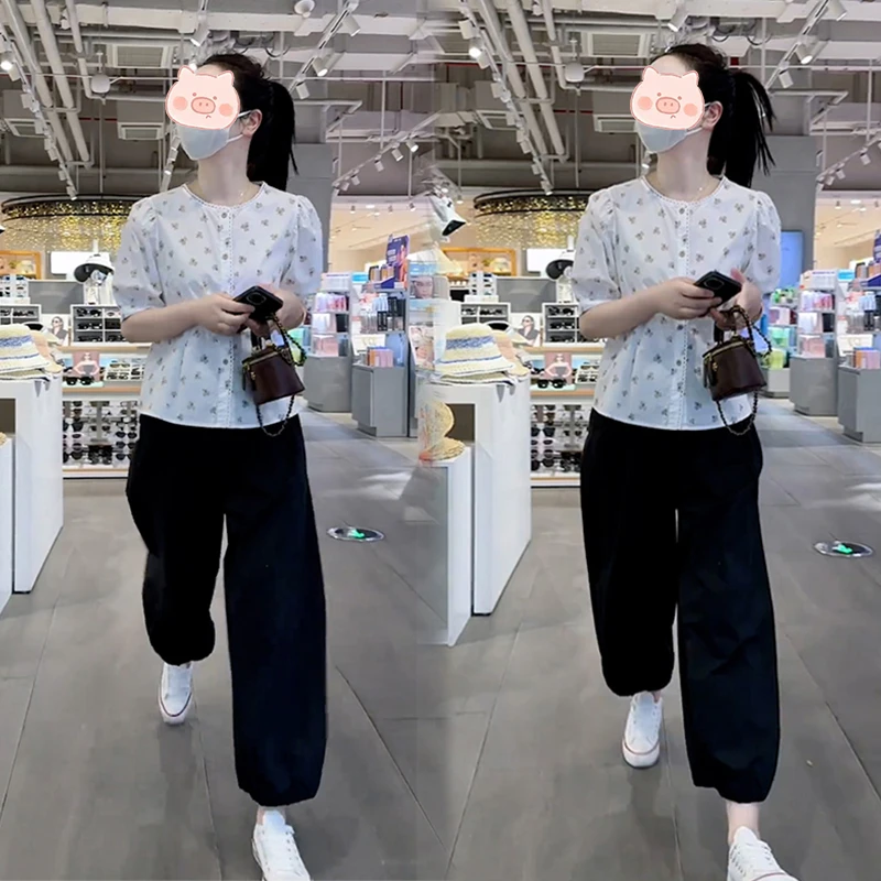 夏季新款时尚百搭穿搭碎花设计感衬衫衬衣搭配宽松休闲裤两件套装