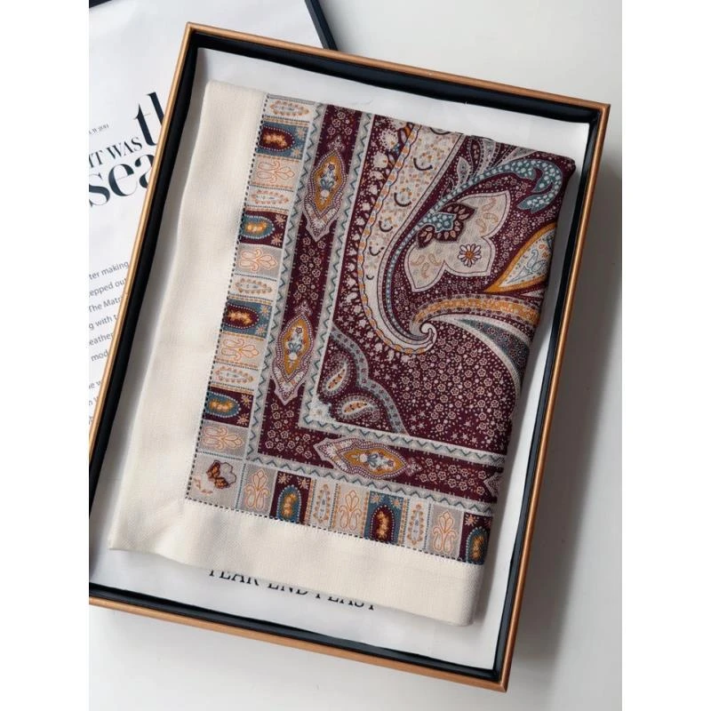 真丝羊毛双面异色腰果万花筒95方巾双层工艺边丝巾围巾大披肩D225