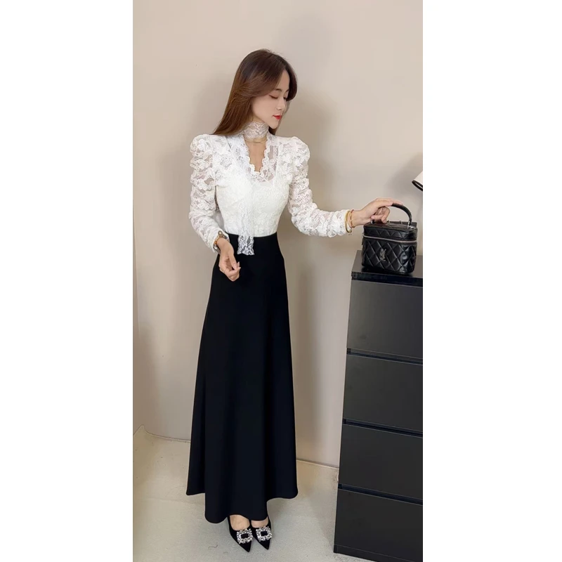 含飘带/名媛风气质洋气V领蕾丝衫上衣女显瘦中长款半身裙伞裙潮