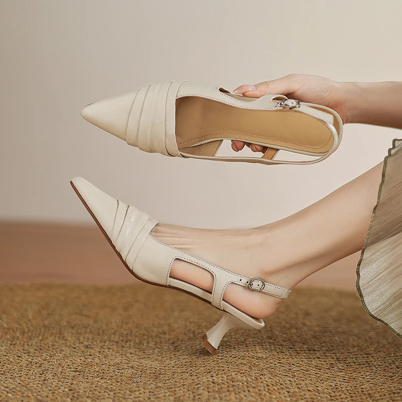 5cm真皮后空细跟高跟鞋米白色尖头法式包头凉鞋女夏季百搭四季鞋