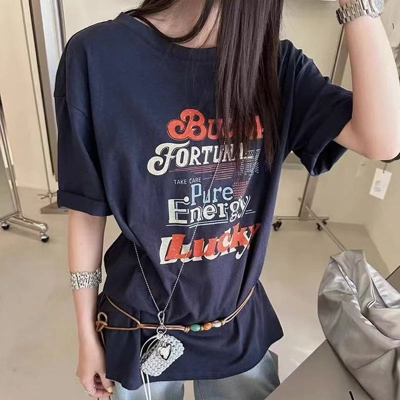 813斜肩设计慵懒风阔版短袖T恤女送腰带