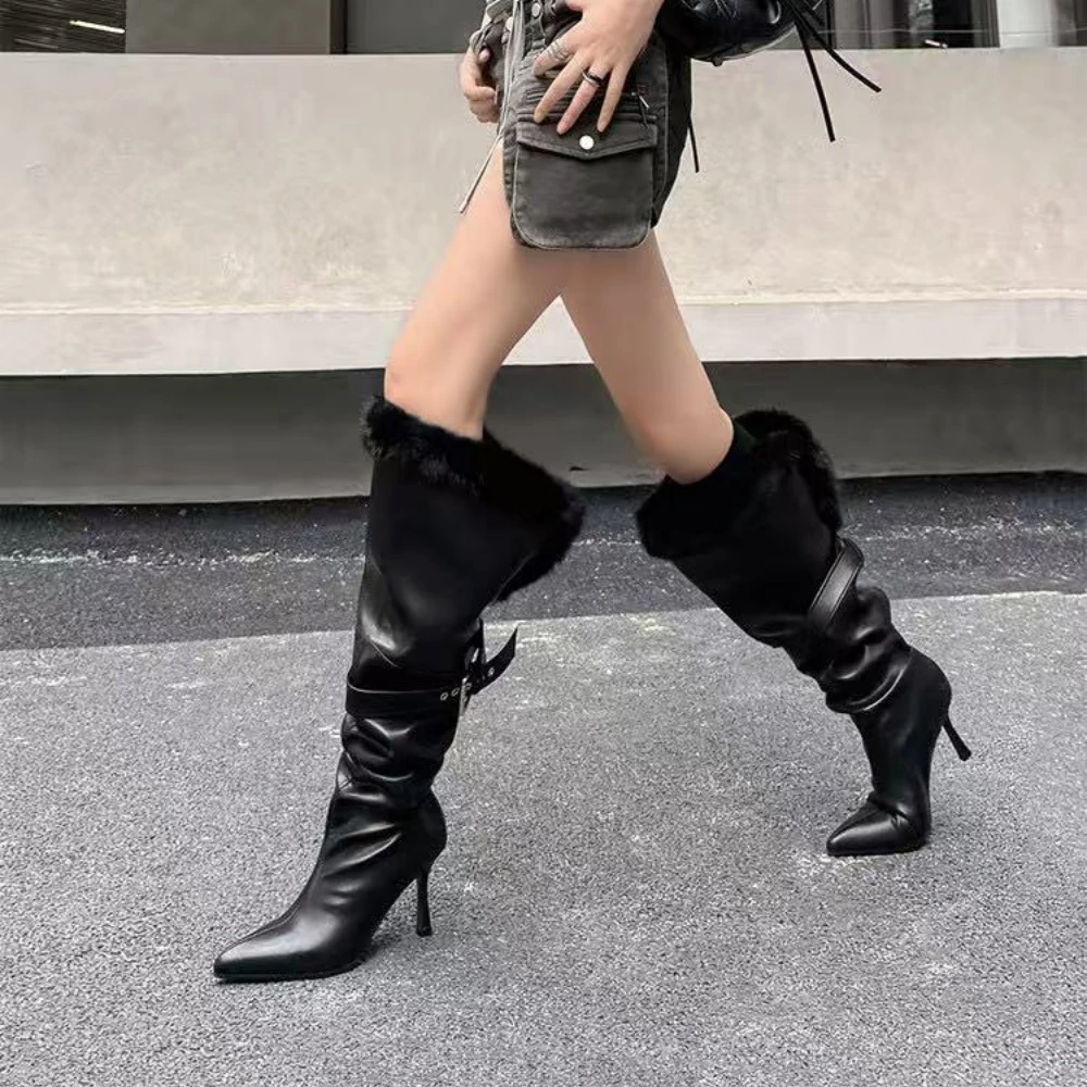 ZHIYU 尖头细跟长筒靴 皮带扣秋冬加绒新款 气质辣妹显瘦皮靴8cm