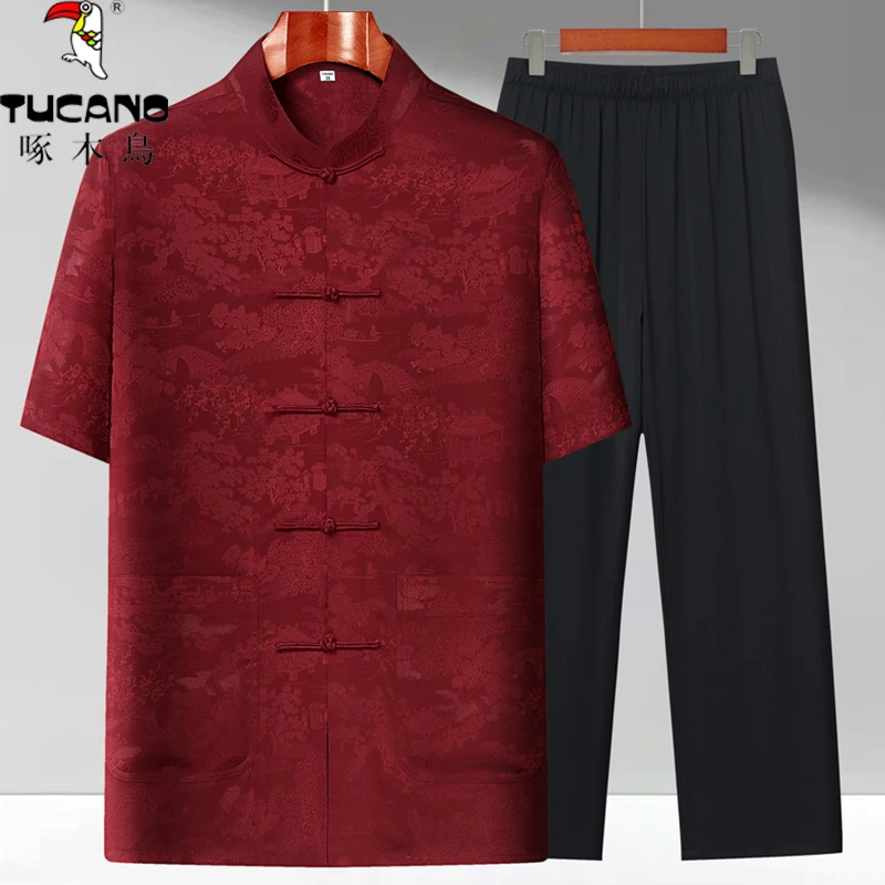 爸爸夏装短袖唐装男中老年60岁爷爷夏季中国风男士套装老年人衣服