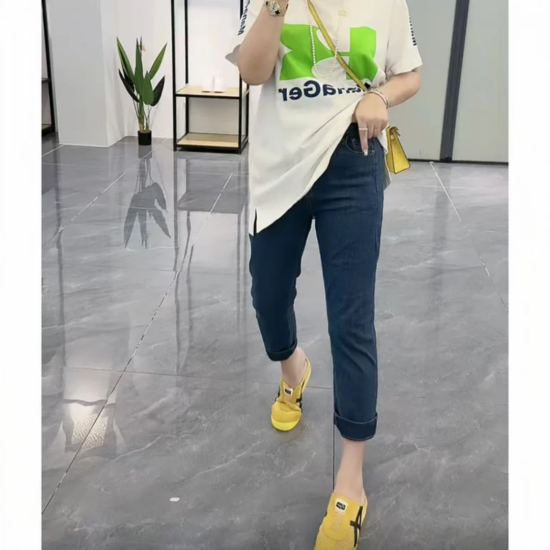 飞芊娅夏季新款高腰直筒面膜牛仔裤修身显瘦小个子弹力八分烟管裤
