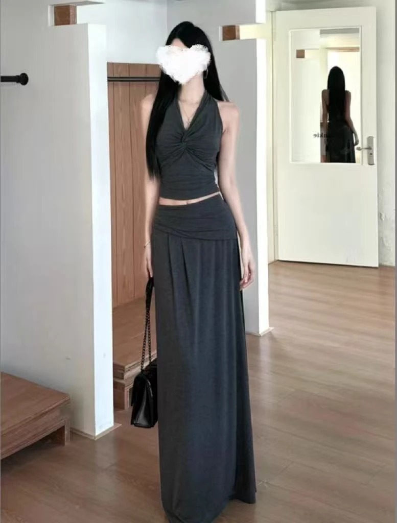 TITI V领无袖扭结上衣拼接不规则腰封A摆半裙两件套女