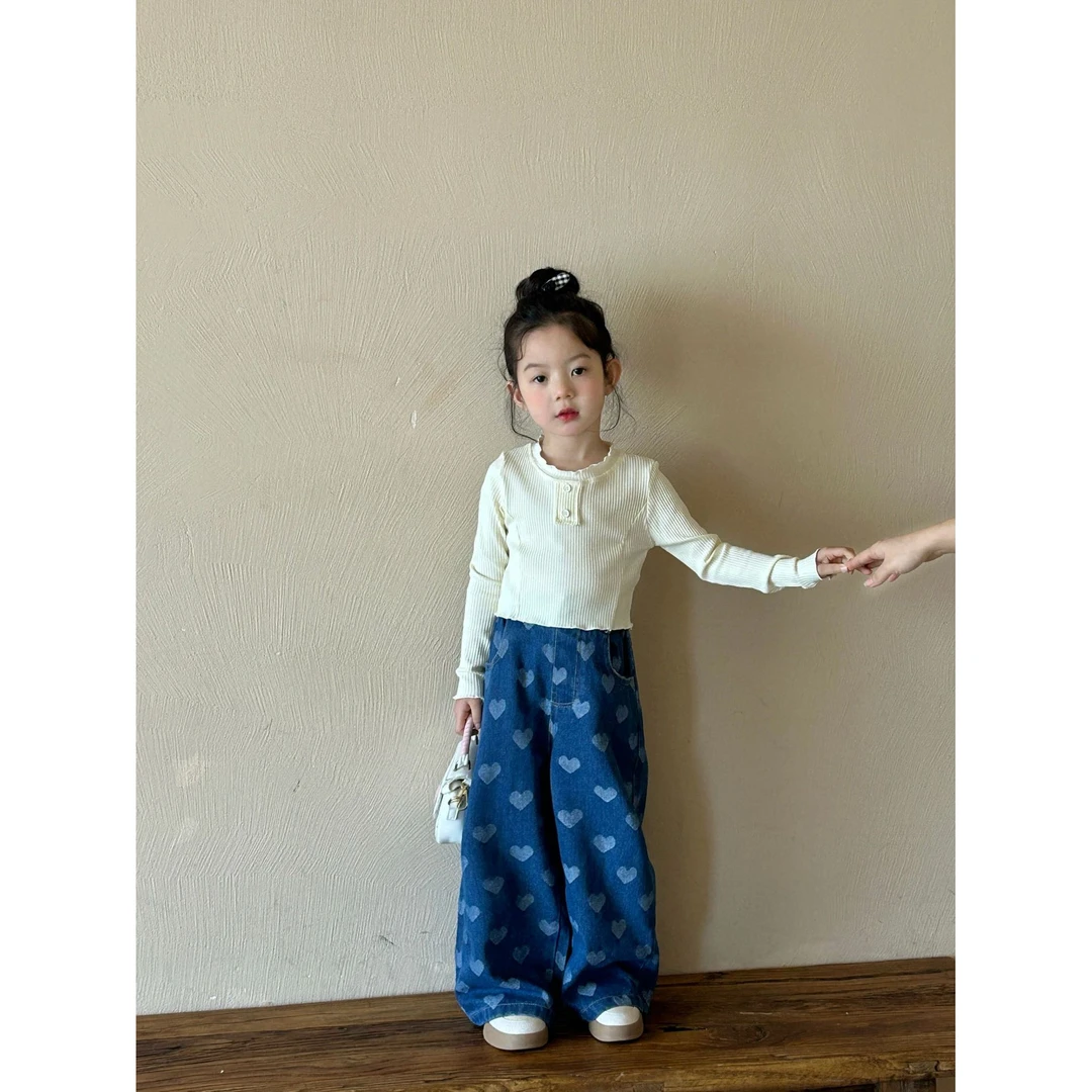 Bmy2025sp 春季新款女童打底衫针织衫长袖爱心牛仔裤套装